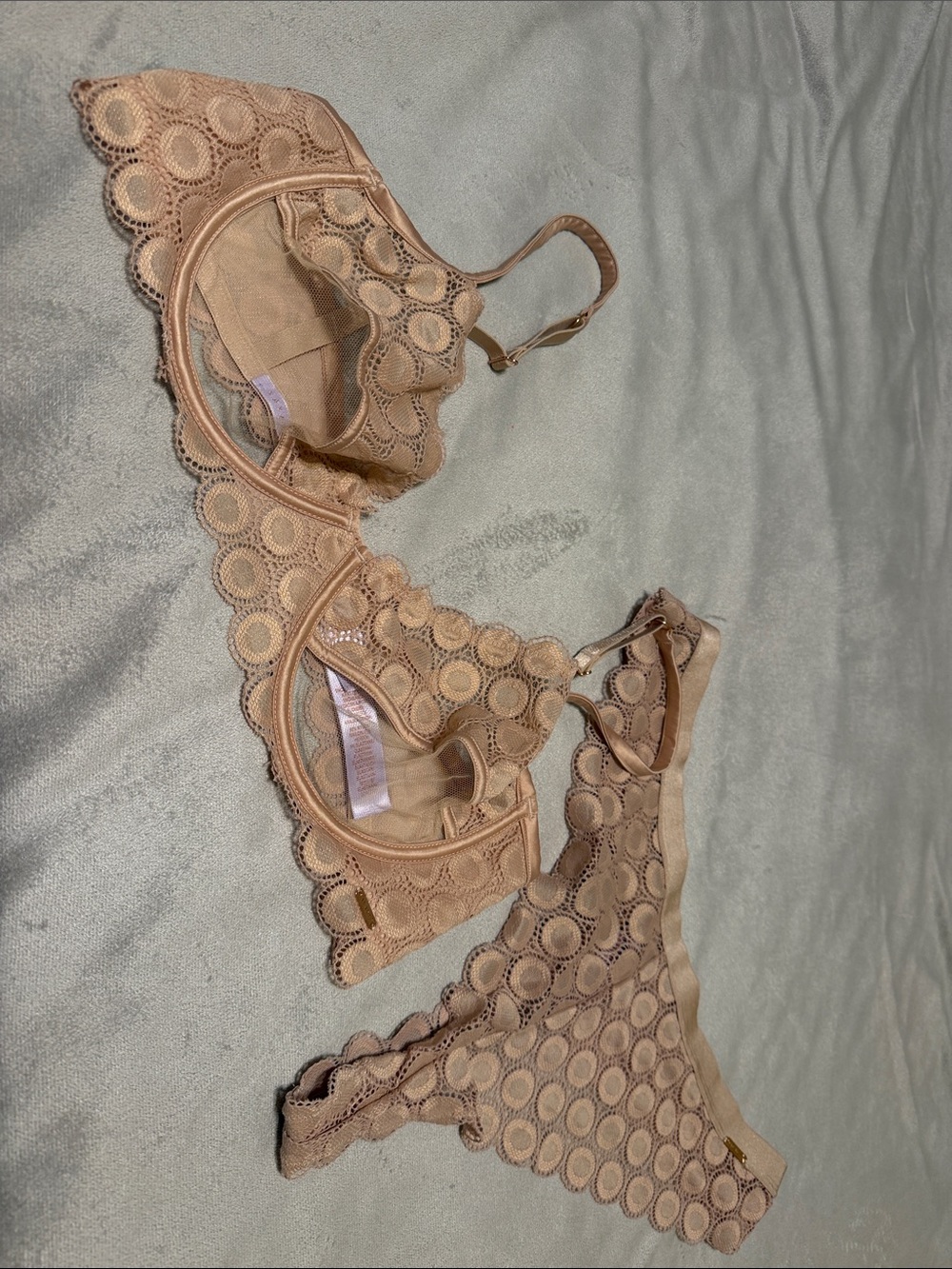Savage X Fenty Beige Lace Circle-Pattern Bra & Thong Set
